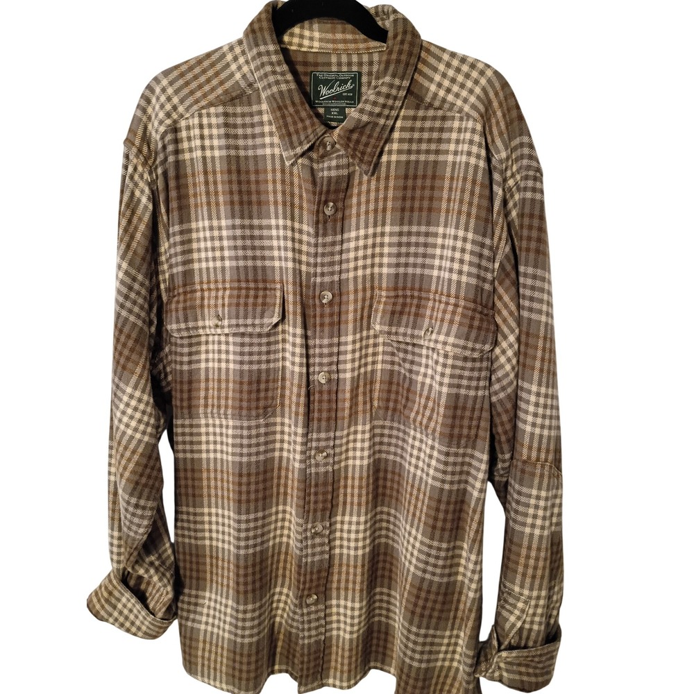 Woolrich Mens XXL Plaid Flannel Shirt Brown Tan Cotton Button Down 6111 SHK